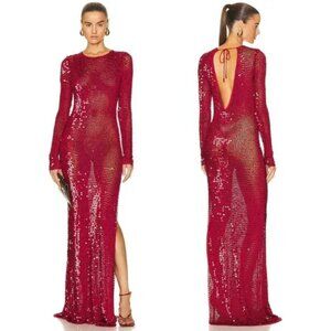 New Retrofete Alexa Dress in Red sequins long sleeve backless maxi mesh fishnet
